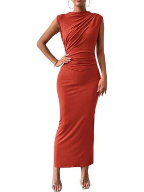Women's Bodycon Orange Red Summer Sleeveless Back Slit Party Cocktail Maxi Dress